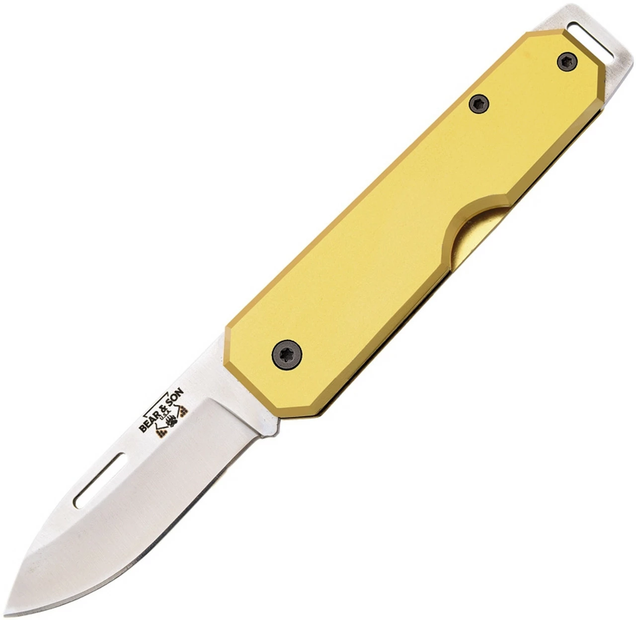 Bear & Son Large Slip Joint 110YW, 3 7/8" High Carbon Steel Plain Blade, Yellow Aluminum Handle 1 Bear & Son Large Slip Joint 110YW, 3 7/8" High Carbon Steel Plain Blade, Yellow Aluminum Handle