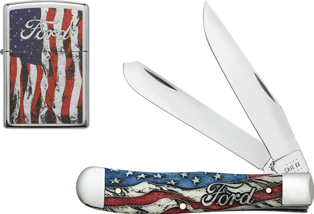 Case Trapper 14331 Ford Embellished Vintage Flag W/ Zippo Lighter Gift Set (6254 SS) 1 Case Trapper 14331 Ford Embellished Vintage Flag W/ Zippo Lighter Gift Set (6254 SS)
