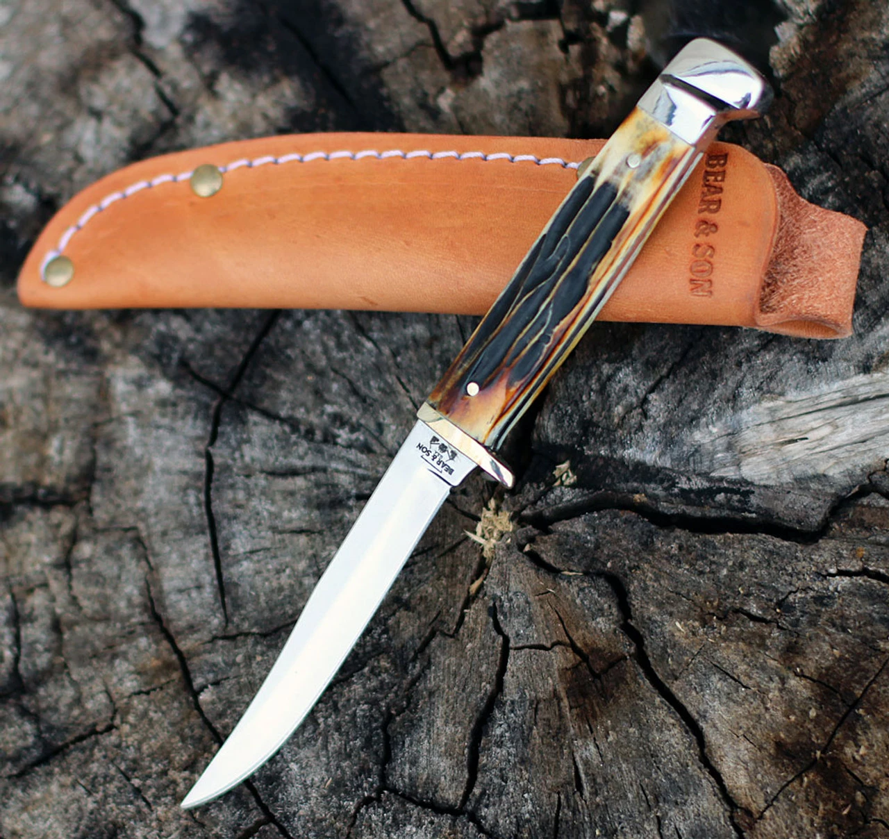 Bear And Son 563R Small Hunter India Stag Bone, 2 3/8" 440 SS Plain Blade, Stag Bone Handle 1 Bear And Son 563R Small Hunter India Stag Bone, 2 3/8" 440 SS Plain Blade, Stag Bone Handle