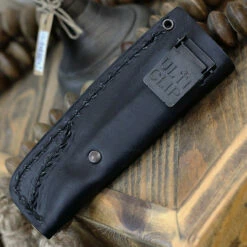 Boker AK1 Fixed Blade 121502, 3" RWL-34 Satin Reverse Tanto Blade, Bison Burlap Micarta Handle, Black Leather Sheath -Knifeworks Sales Shop AK1 sheath.1 11040.1646925559