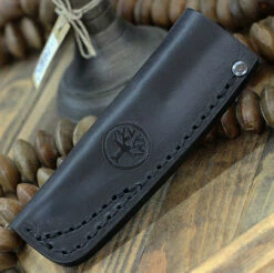 Boker AK1 Fixed Blade 120502, 3" RWL-34 Satin Plain Blade, Mustard Burlap Micarta Handle, Black Leather Sheath -Knifeworks Sales Shop AK1 sheath 91363.1646924693