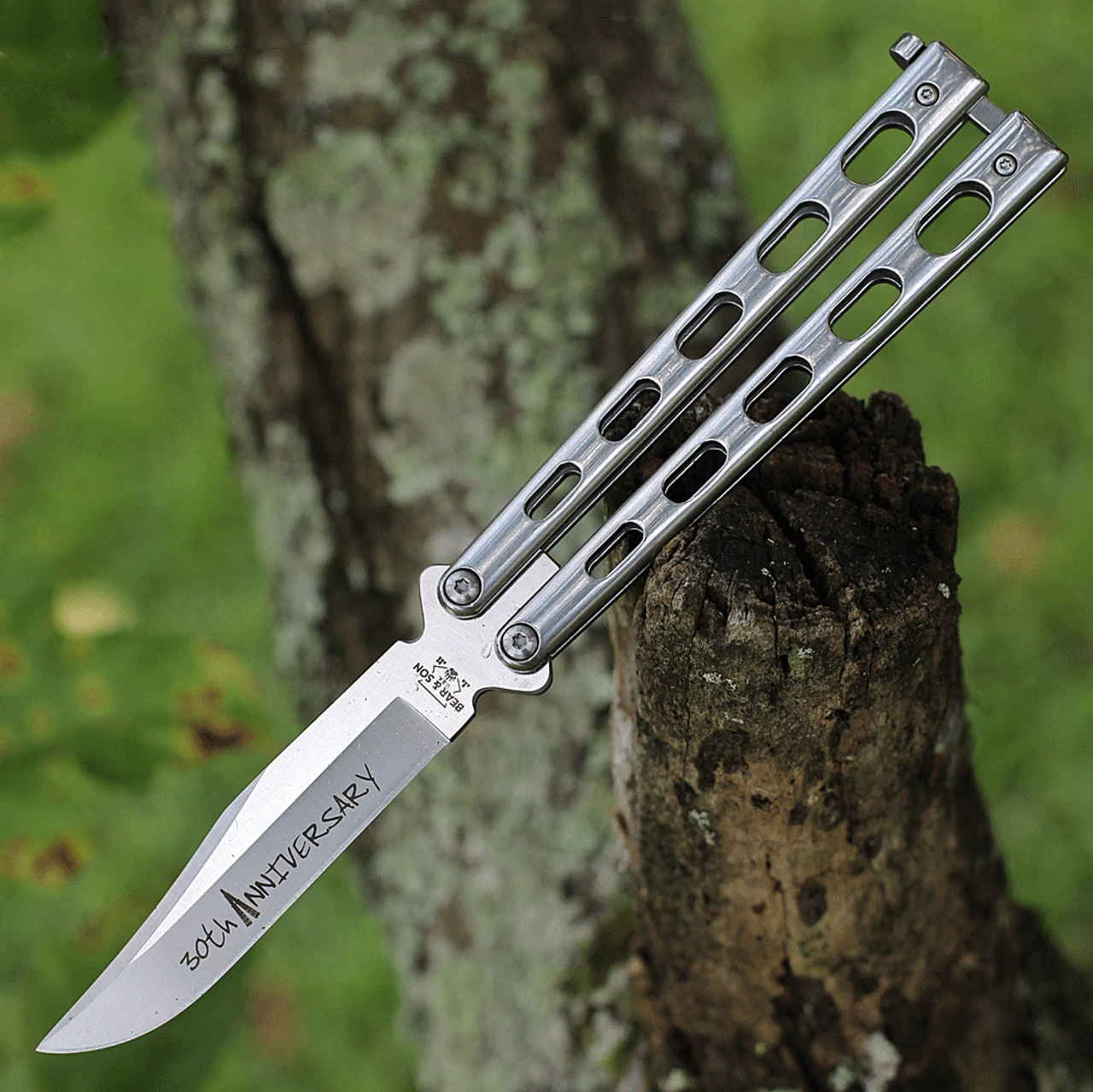 Bear & Son Cutlery 30th Anniversary Butterfly Knife SS14D2, 3.62" D2 Clip Point Blade, Stainless Steel Handle 1 Bear & Son Cutlery 30th Anniversary Butterfly Knife SS14D2, 3.62" D2 Clip Point Blade, Stainless Steel Handle