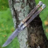 Bear & Son India Stag Bone Butterfly 517D, 3.5" High Definition Damascus Plain Blade, Brown Genuine India Stag Bone Handles