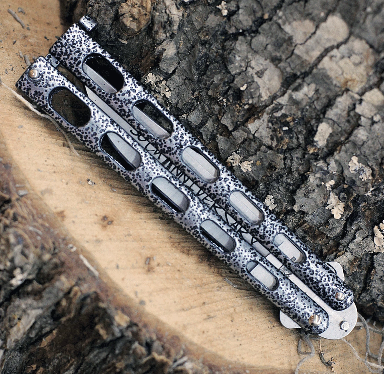 Bear & Son Cutlery 30th Anniversary Butterfly Knife ANN114 , 4.25" 440 Satin Embellished Blade, Silver Vein Handle 3 Bear & Son Cutlery 30th Anniversary Butterfly Knife ANN114 , 4.25" 440 Satin Embellished Blade, Silver Vein Handle - Image 3