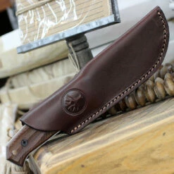 Boker Bison Fixed Blade 02BA404, 4.2" N695 Satin Plain Blade, Guayacan Ebony Wood Handle, Brown Leather Sheath -Knifeworks Sales Shop BO02BA404.2 00824.1646857560