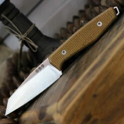 Boker AK1 Fixed Blade 123502, 3" RWL-34 Satin Reverse Tanto Blade, Mustard Burlap Micarta Handle, Black Leather Sheath
