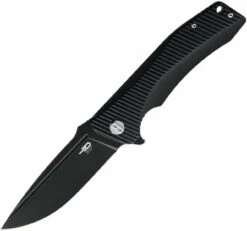 Bestech Mako BG27B Flipper Knife, 3.74" D2 Black Stonewashed Drop Point Blade, Milled Black G-10 Handle