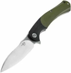 Bestech Knives Penguin Flipper Knife BG32A, 3.6" D2 Satin & Stonewash Plain Blade, Green & Black G-10 Handle