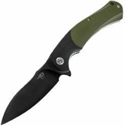 Bestech Knives Penguin Flipper Knife BG32E, 3.6" D2 Black Plain Blade, Black & Green G-10 Handle