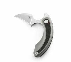 Bestech Knives Strelit BT2103E, 2.19" M390 Satin Reverse Hawkbill Plain Blade, Grey Titanium & Red Marble Carbon Fiber Handles