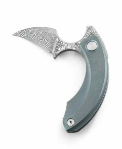 Bestech Knives Strelit BT2103I, 2.19" Damascus Reverse Hawkbill Plain Blade, Blue Stonewashed Titanuim Handles