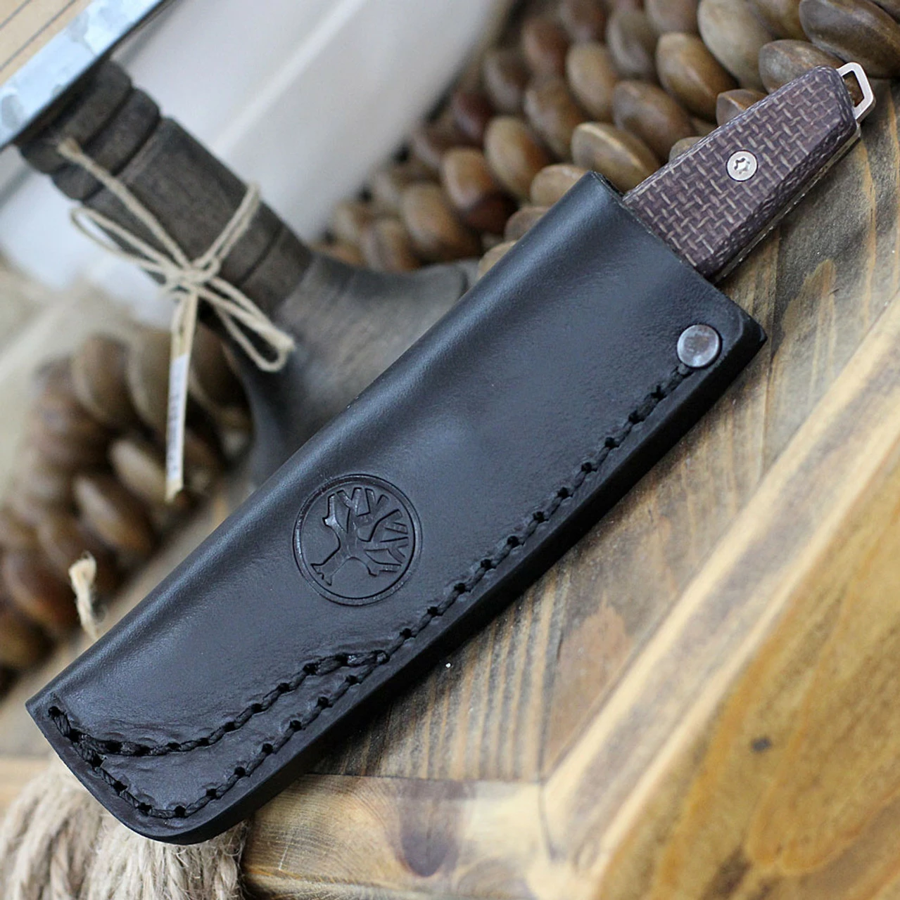 Boker AK1 Fixed Blade 123502, 3" RWL-34 Satin Reverse Tanto Blade, Mustard Burlap Micarta Handle, Black Leather Sheath 5 Boker AK1 Fixed Blade 123502, 3" RWL-34 Satin Reverse Tanto Blade, Mustard Burlap Micarta Handle, Black Leather Sheath - Image 5