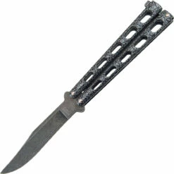 Bear & Son 114D Butterfly Knife, 4" Damascus Blade, Silver Vein Die Cast Metal Handles
