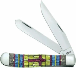 Case Trapper 38713, 4 1/8" Closed Length SS Blades, Smooth Natural Bone W/ Stained Glass Cross Handle