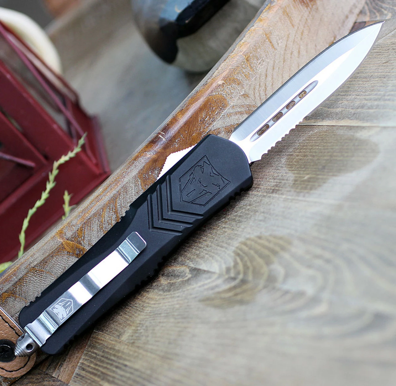 CobraTec Black FS-X OTF Knife CTKLBLKFS-XLDAG1SS, 3.75" D2 Steel Dagger Serrated Blade, Black Aluminum Handle 2 CobraTec Black FS-X OTF Knife CTKLBLKFS-XLDAG1SS, 3.75" D2 Steel Dagger Serrated Blade, Black Aluminum Handle - Image 2