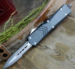 CobraTec Gray FS-X OTF Knife CTKLGRYFS-XLDAG2SS, 3.75" D2 Steel Dagger Double Serrated Blade, Gray Aluminum Handle