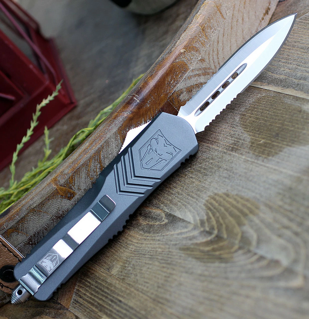 CobraTec Gray FS-X OTF Knife CTKLGRYFS-XLDAG2SS, 3.75" D2 Steel Dagger Double Serrated Blade, Gray Aluminum Handle 2 CobraTec Gray FS-X OTF Knife CTKLGRYFS-XLDAG2SS, 3.75" D2 Steel Dagger Double Serrated Blade, Gray Aluminum Handle - Image 2