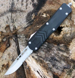 CobraTec Black FS-X OTF Knife CTKMBLKFS-XMDS, 3" D2 Steel Drop Point Serrated Blade, Black Aluminum Handle