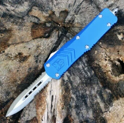 CobraTec Blue FS-X OTF Knife CTKMBLUFS-XMDAG2SS, 3" D2 Steel Dagger Double Serrated Blade, Blue Aluminum Handle