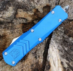 CobraTec Blue FS-X OTF Knife CTKMBLUFS-XMDAG2SS, 3" D2 Steel Dagger Double Serrated Blade, Blue Aluminum Handle -Knifeworks Sales Shop MBLUFS XMDS.2 80904.1583253192