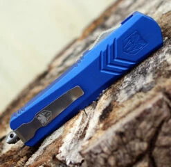 CobraTec Blue FS-X OTF Knife CTKMBLUFS-XMTS, 3" D2 Steel Tanto Serrated Blade, Blue Aluminum Handle -Knifeworks Sales Shop MBLUFSX.1 40147.1583253357