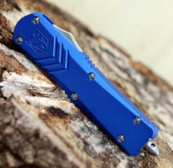 CobraTec Blue FS-X OTF Knife CTKMBLUFS-XMTS, 3" D2 Steel Tanto Serrated Blade, Blue Aluminum Handle -Knifeworks Sales Shop MBLUFSX 47227.1583253357