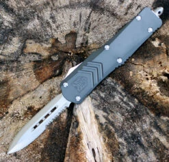 CobraTec Gray FS-X OTF Knife CTKMGRYFS-XMDAG1SS, 3" D2 Steel Dagger Serrated Blade, Gray Aluminum Handle