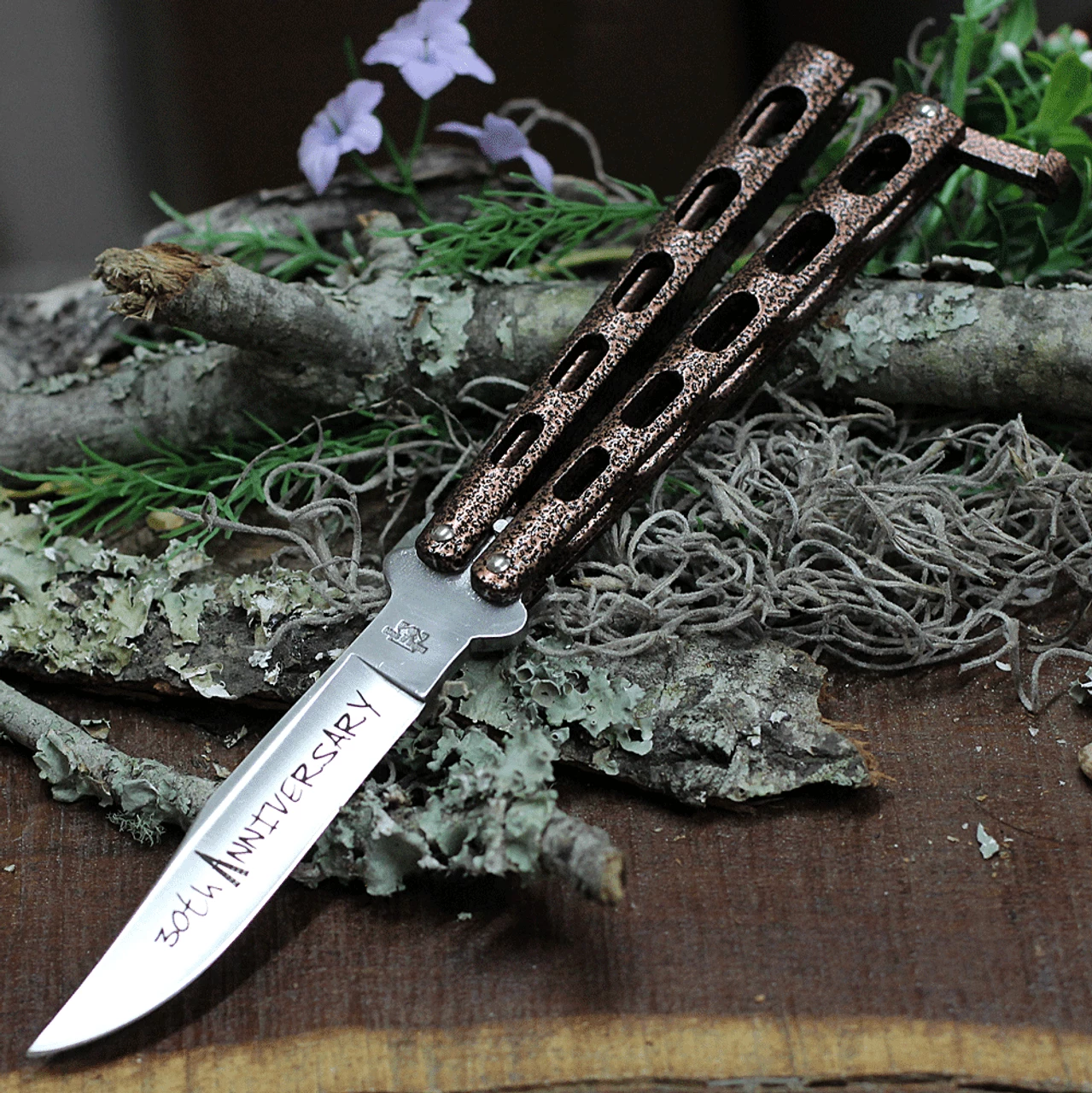 Bear & Son Cutlery 30th Anniversary Butterfly Knife ANN114CV, 4.25" 440 Satin Embellished Blade, Copper Vein Zinc Handle 1 Bear & Son Cutlery 30th Anniversary Butterfly Knife ANN114CV, 4.25" 440 Satin Embellished Blade, Copper Vein Zinc Handle