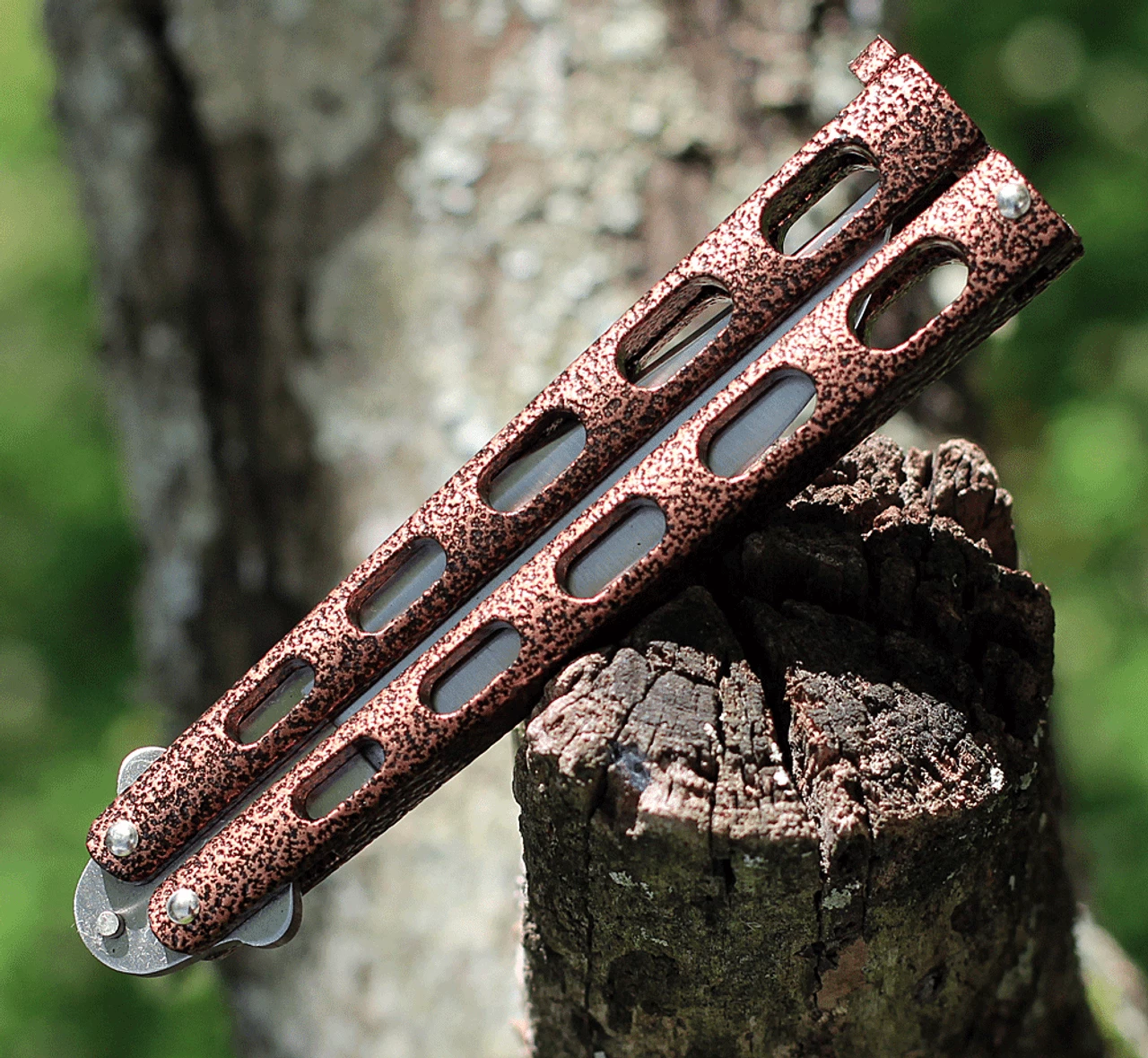 Bear & Son Cutlery 30th Anniversary Butterfly Knife ANN114CV, 4.25" 440 Satin Embellished Blade, Copper Vein Zinc Handle 2 Bear & Son Cutlery 30th Anniversary Butterfly Knife ANN114CV, 4.25" 440 Satin Embellished Blade, Copper Vein Zinc Handle - Image 2