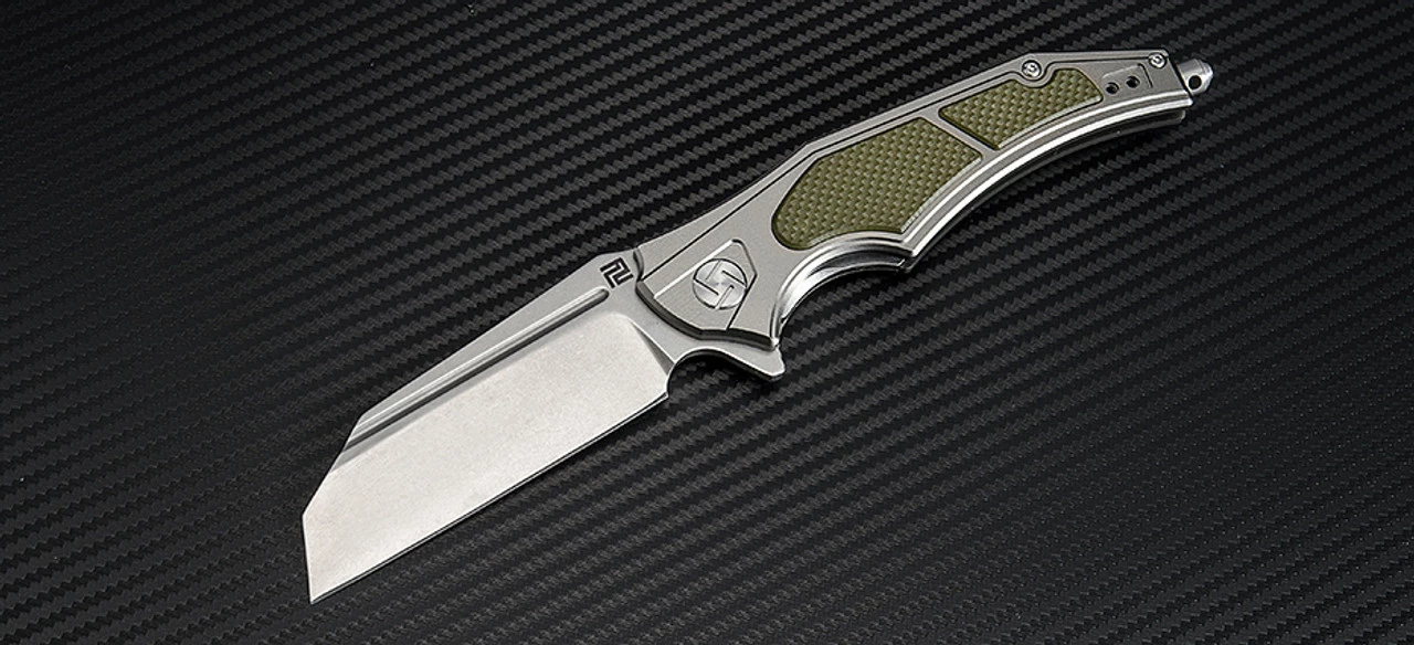 Artisan Apache ATZ1813PGGN, 3.7" D2 Plain Blade, Gray/Green Aluminum/G-10 Handle 1 Artisan Apache ATZ1813PGGN, 3.7" D2 Plain Blade, Gray/Green Aluminum/G-10 Handle