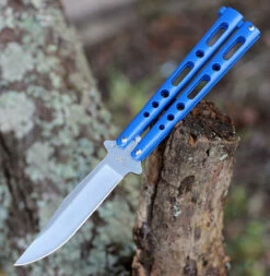 BenchMark Balisong 011, 4.0" Stainless Steel Clip Point Plain Blade, Blue Handle