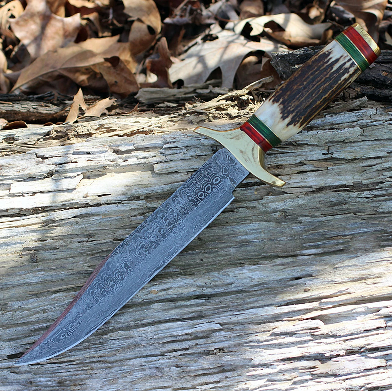 Damascus 1032 Bowie, 9" Damascus Plain Blade, Stag Handle 1 Damascus 1032 Bowie, 9" Damascus Plain Blade, Stag Handle