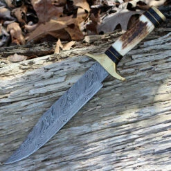 Damascus 1033 Iron Maiden Bowie, 9" Damascus Plain Blade, Round Stag Handle