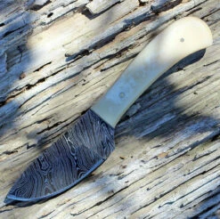 Damascus 1080BO Skinner, 3" Damascus Plain Blade, White Smooth Bone Handle