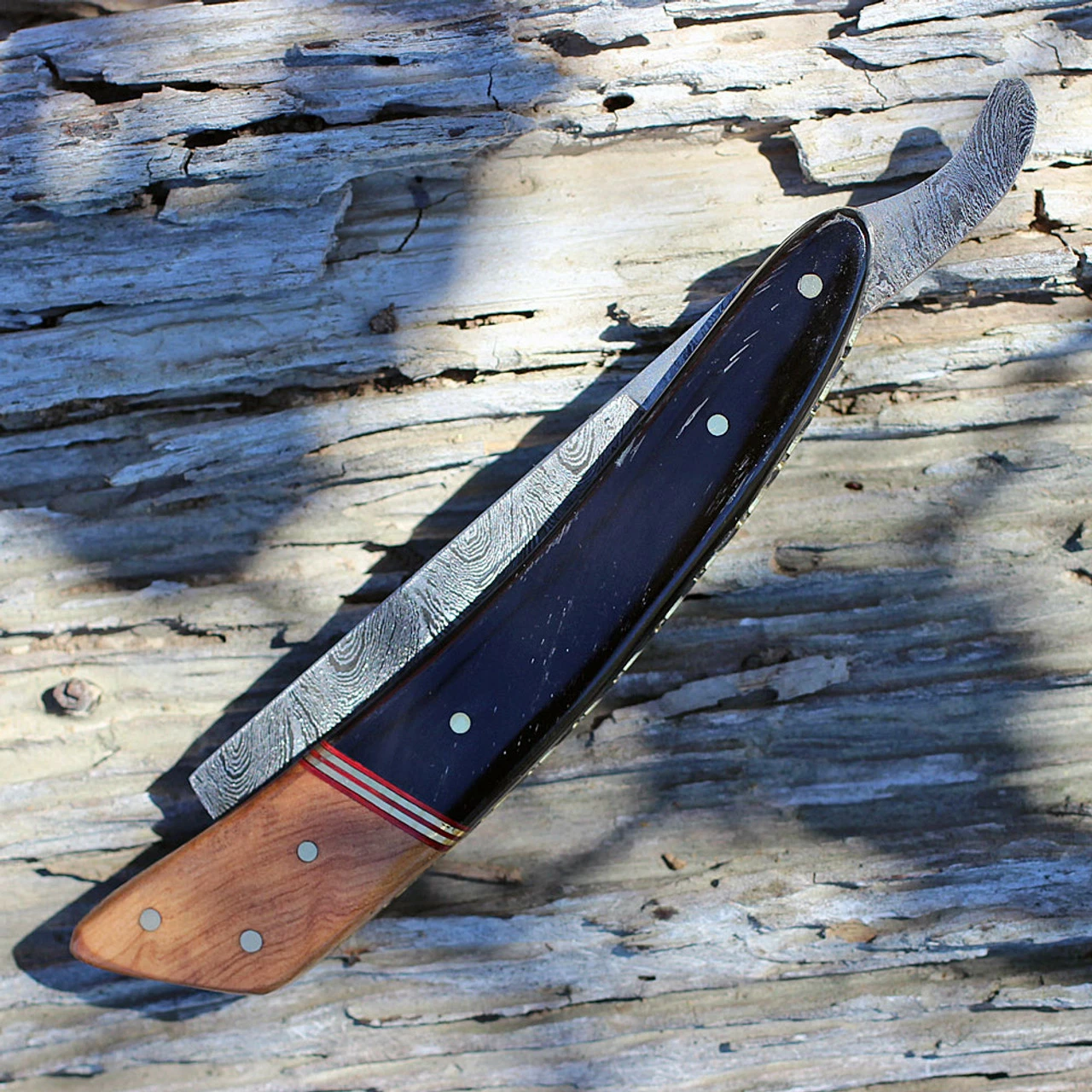 Damascus 1116WN Razor, 4" Damascus Razor Blade, Black Walnut & Horn Handle 2 Damascus 1116WN Razor, 4" Damascus Razor Blade, Black Walnut & Horn Handle - Image 2