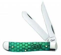Case Basket Weave Mini Trapper 15502,3 1/2" Closed Length SS Blades, Natural Bone Handle W/Turquoise Color Wash
