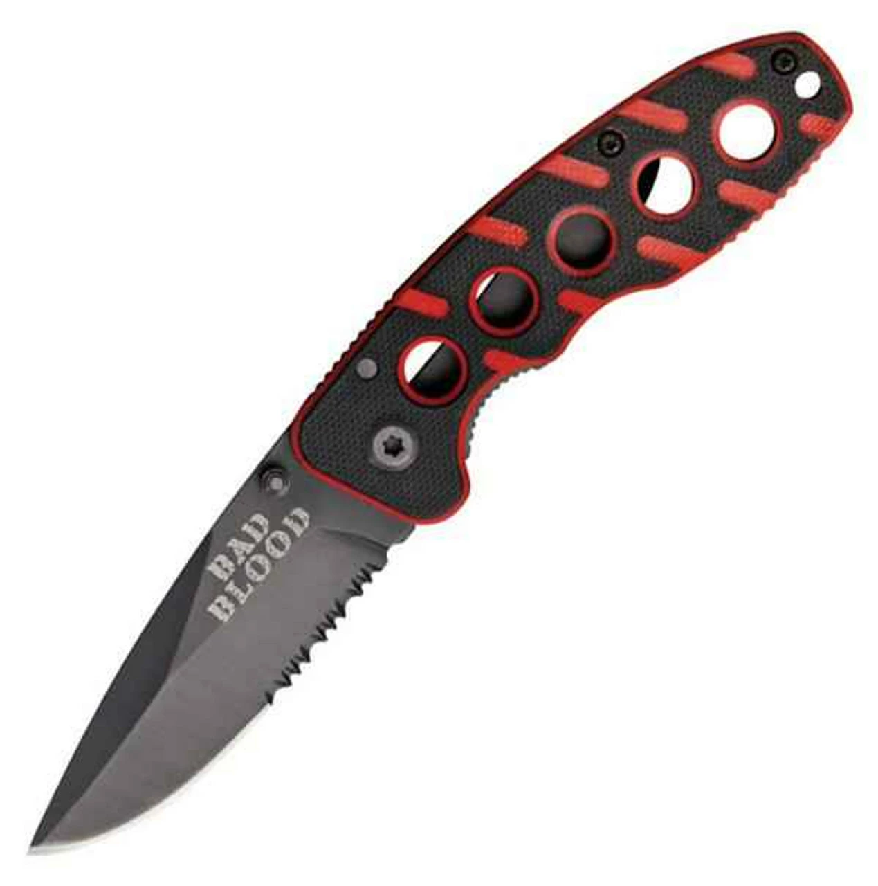 Bad Blood 0110 Framelock, 2.5" 440 SS Combo Blade, Black/Red G-10 Handle 1 Bad Blood 0110 Framelock, 2.5" 440 SS Combo Blade, Black/Red G-10 Handle