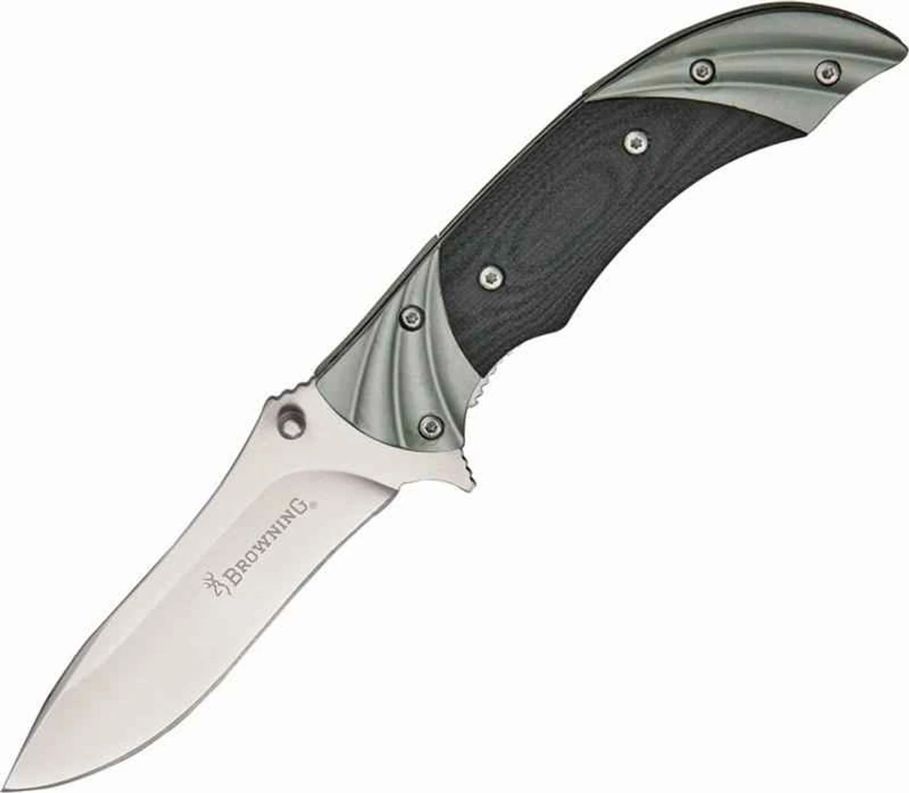 Browning Fluted Linerlock Folder, Stainless Blade, Black G-10/Fluted Gun Metal Gray Bolsters Handle 1 Browning Fluted Linerlock Folder, Stainless Blade, Black G-10/Fluted Gun Metal Gray Bolsters Handle