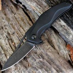 Brous Blades The Exo D2 Acid Stonewashed Finish Blade, Black Titanium Handle Flipper