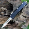 CobraTec Black FS-X OTF Knife CTKSBLKFS-XSDAG2SS, 2.75" D2 Steel Dagger Serrated Blade, Black Aluminum Handle